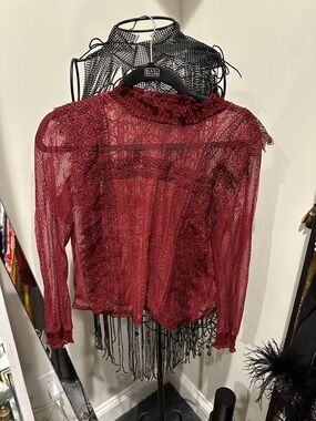 Zara Women's Burgundy Lace Ruffle-Neck Top